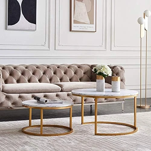 Modern Nesting Coffee Tables Set Of 2, Jepwe Round Coffee Table Faux Marble Tabletop Powder Coated Metal Frame Mid Century Wooden Accent Side Tables For Living Room Bedroom Office Balcony, White/Black - Image 7