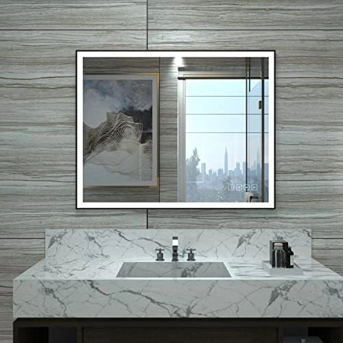 HAUSCHEN HOME 32 X 40 Inch LED Bathroom Mirror, Aluminum Frame With Wooden Effect, Wall Mounted Dimmable Vanity Mirror, Anti-Fog, 3-Color Warm/Natural/White Light, Horizonal & Vertical - Image 6