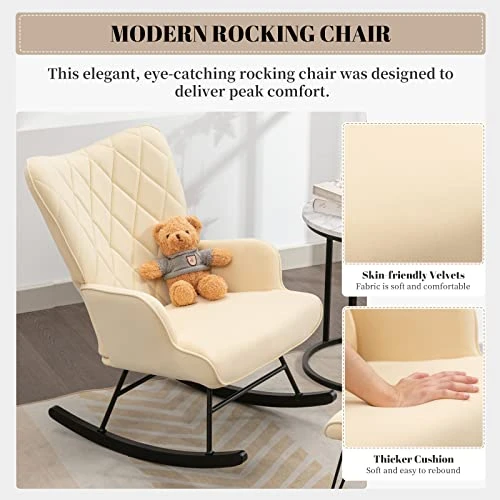 Ailisforest Modern Rocking Chair Nursery, Upholstered Nursery Glider Rocker For Mom And Baby, Nursery Glider & Ottoman Sets With Glider Chair For Living Room/Bedroom-Beige - Image 4