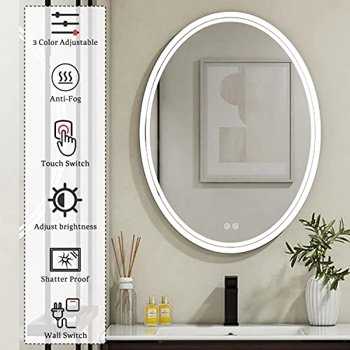 BuLife 28 X 20 Inch Oval LED Bathroom Mirror Anti-Fog 3 Colors Light Dimmable Wall Mounted Lighted Bathroom Vanity Mirror Memory Makeup Mirror Touch Switch - Image 2