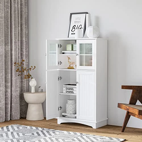 Spirich Bathroom Storage Cabinet, Wood Floor Cabinet, Free Standing Storage Organizer For Bathroom, Bedroom, Living Room, White - Image 2
