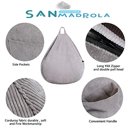 SANMADROLA Stuffed Animal Storage Bean Bag Chair Cover (No Filler) For Kids And Adults.Soft Premium Corduroy Stuffable Beanbag For Organizing Children Plush Toys Or Memory Foam Extra Large 300L (Grey) - Image 4