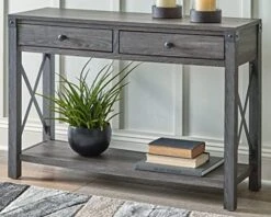 Signature Design By Ashley Freedan Rustic Farmhouse Console Sofa Table, Gray