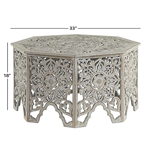 Deco 79 Wood Floral Handmade Intricately Carved Coffee Table With Hollow Interior, 33" X 33" X 18", Light Gray - Image 3