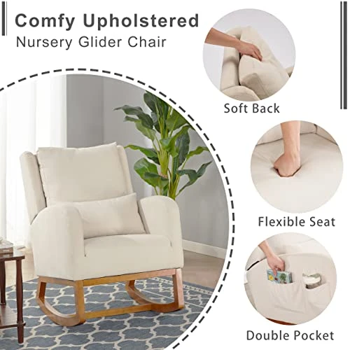 Iroomy Modern Accent Upholstered Rocking Glider Rocker High Back Arm Chair W/2 Side Pockets, Indoor For Living Room/Bedroom/Nursery-Beige - Image 5