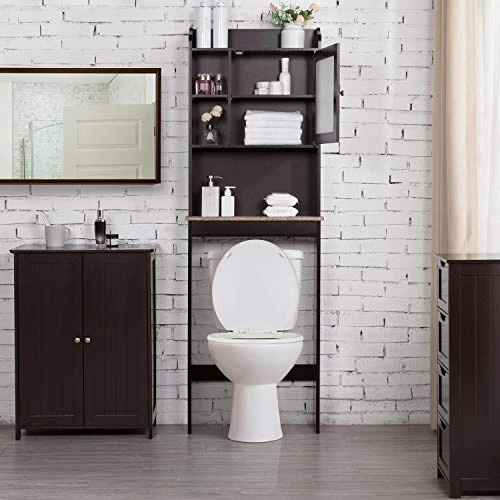 Topeakmart Home Bathroom Shelf Space-Saving Over The Toilet Storage Cabinet With Adjustable Shelf And Glass Door, Espresso - Image 2