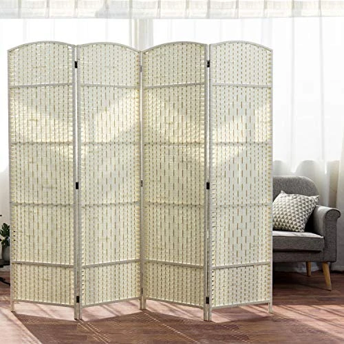 MyGift 4-Panel Dual-Hinged Freestanding Woven White Wood Room Divider - Image 2