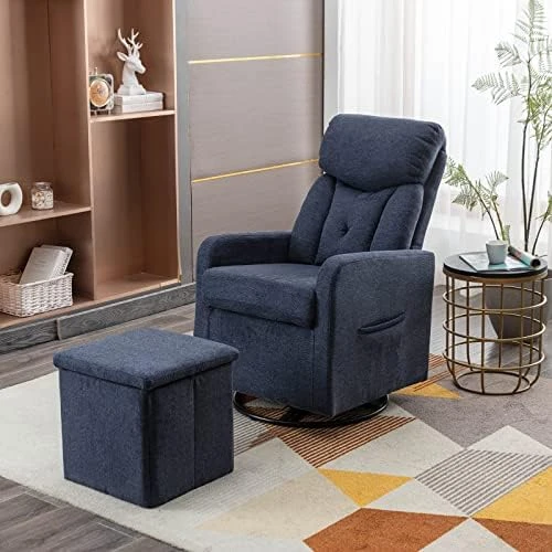 Taiweny Swivel Rocking Chair With Storage Ottoman, Teddy Fabric Upholstered Glider Rocker Sherpa Boucle Armchair And Folding Foot Stool For Nursery, Bedroom, Living Room (White) - Image 5
