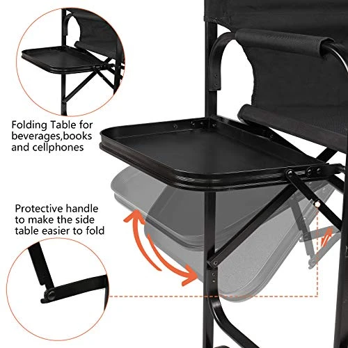 OmySalon 30" Tall Directors Chair Black Folding With Side Table Storage Bag,Aluminum Frame 300 Lbs Capacity, 33.8" L X 19.2" W X 45.6" H,Portable Makeup Artist Bar Height - Image 2