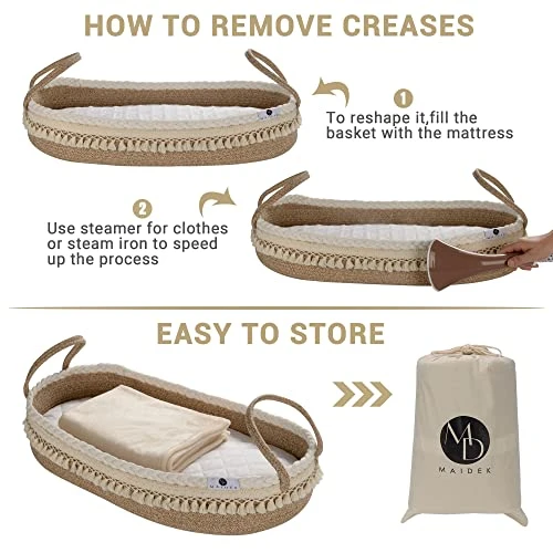 Maidek Baby Changing Basket - Handmade Woven Cotton Rope Moses Basket - Changing Table Topper With Mattress Pad, Removable Cover, Soft Blanket, Furniture - 29x16x4.7 Brown/White - Image 2