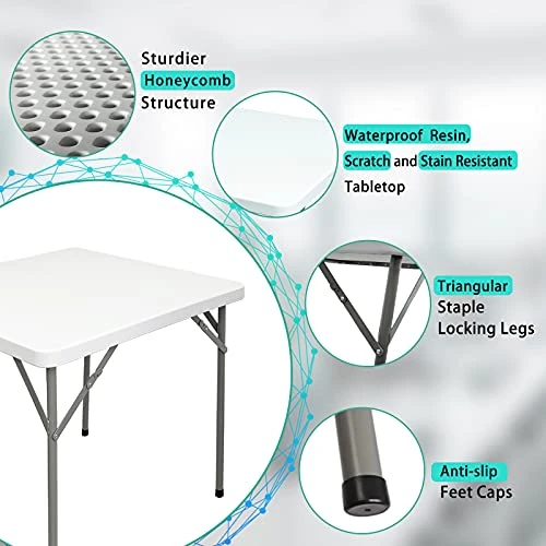 5566 34 Inch Square Plastic Folding Table, Indoor Outdoor Card Playing And Game Puzzles Crafting Dining Table, For Picnic, Party, Camping, BBQ, Granite White. - Image 5