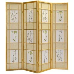 Legacy Decor 4 Panel Room Divider Privacy Screen Botanical Floral Accented Natural Color 71 Tall X 70 Inches Wide