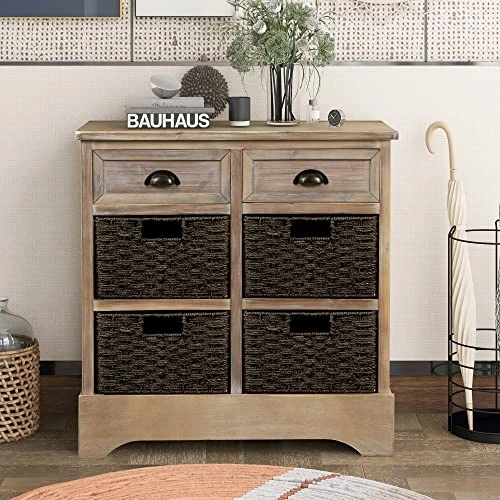 P PURLOVE Storage Cabinet Storage Unit With 2 Wood Drawers And 4 Wicker Baskets Rustic Storage Cabinet For Home Kitchen Entryway Living Room (White Washed) - Image 3