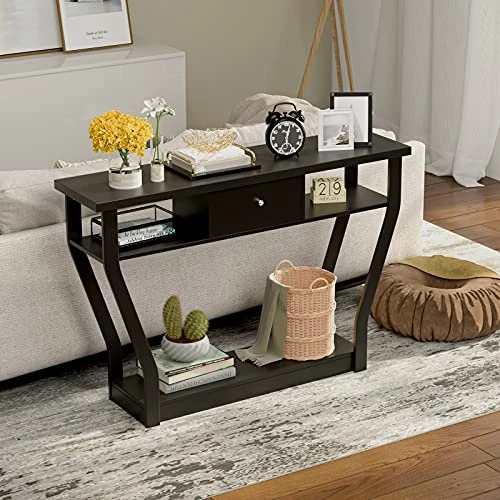 WATERJOY 47" Modern Entryway Wooden Accent Table With Drawer, Bottom Shelf, Mufti-Functional Home Furniture For Hallway, Living Room, Bedroom, Office Accent Hall Table - Image 2
