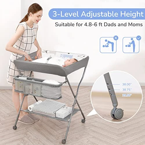 Baby Changing Table With Wheels, Maydolly Portable Adjustable Height Folding Diaper Station With Nursery Organizer & Storage Rack For Newborn Baby And Infant, Grey Pattern - Image 2