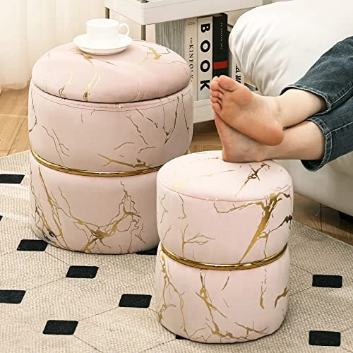 Furnimart Round Bronzing Velvet Storage Ottoman,Vanity Stool Chair,Upholstered Foot Rest Stool With Gold Plating Band For Living Room Or Bedroom,Pack Of 2 - Image 4