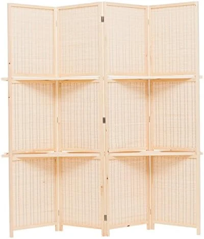 THY COLLECTIBLES Freestanding Wood Frame Woven Bamboo 4 Panels Hinged Privacy Panel Screen Partition Wall With 2 Display Shelves Holding Room Divider With Shelves-Bamboo (Brown) - Image 2