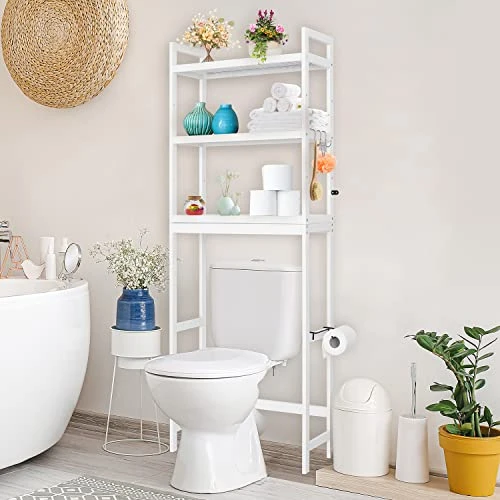 Ohuhu Over The Toilet Storage, Bamboo 3-Tier Over Toilet Bathroom Organizer, Adjustable Shelf Above Toilet With Paper Holder And 3 Hooks, Space Saver Toilet Stand Rack For Restroom Laundry, White
