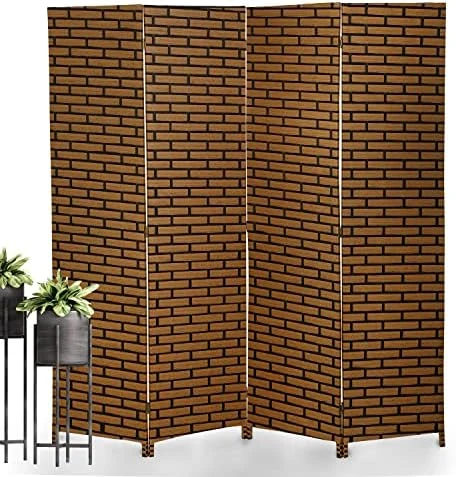 Room Divider,4 Panels 6FT Folding Privacy Screen Room Divider Wall Wood Mesh Hand-Woven Design Freestanding Partition Portable Wall For Home Office Bedroom(Black) - Image 8