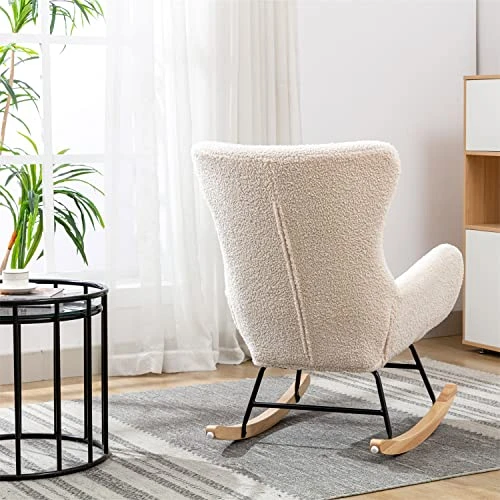 Tsuysi Teddy Rocking Chair Nursery, Upholstered Rocking Chairs With High Backrest And Armrests, Small Glider Chair For Nursery, Living Room, Bedroom (Beige) - Image 2
