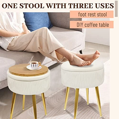 White Ottoman Vanity Stool With Storage - Flip Top Coffee Table Round Makeup Stool, Pleated Upholstered Velvet Stool With Gold Metal Legs,for Living Room, Bedroom - Image 4