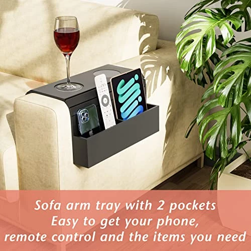 Semounva Bamboo Sofa Arm Tray With Pockets, Foldable Armrest Tray For Snack, Drinks, Phone, TV Remote, Flexible Couch Armrest Table Gift For Friends And Family (Black) - Image 4