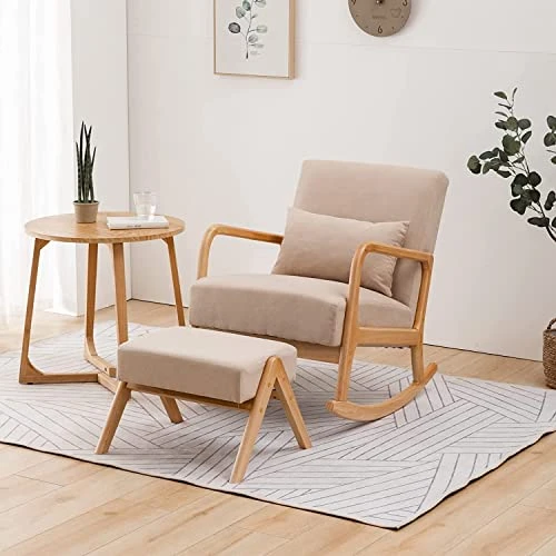 Icoget Rocking Chair Nursery With Ottoman And, Accent Living Room Chair, Glider Chair W/Solid Woods Base, Comfortable Thickened Upholstered Lounge Chair, Modern Rocker Armchair, Beige - Image 6