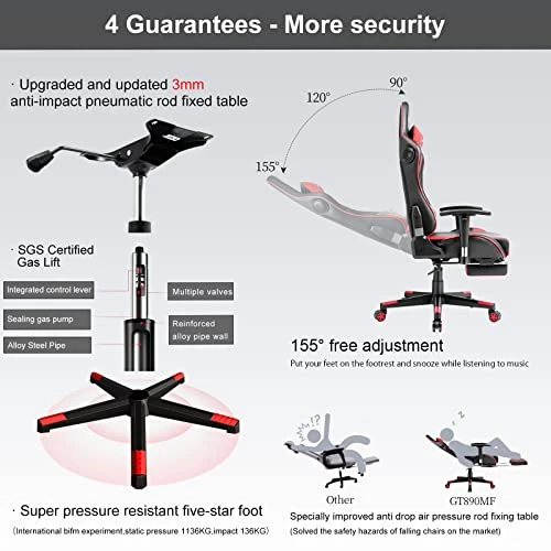 GTRACING Gaming Chair With Footrest Speakers Video Game Chair Bluetooth Music Heavy Duty Ergonomic Computer Office Desk Chair Red - Image 6