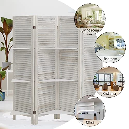 Babion Room Divider With Shelves,4 Panel Room Divider Wall,White Room Dividers And Folding Privacy Screens,Partition Room Dividers For Bedroom, Garden, Office, Study Room (White) - Image 5