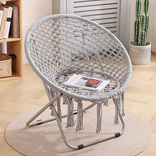 Tiita Saucer Chair, Round Cozy Chairs With Folding Metal Frame, Handmade Knitted Mesh, Comfy Moon Chair For Bedroom, Living Room Dorm Rooms, Garden And Courtyard