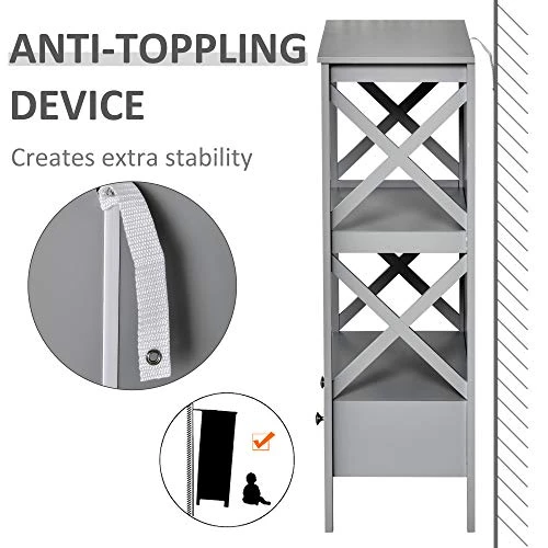 Kleankin X- Frame Freestanding Floor Bathroom Storage With Two Drawers, Storage Organizer, Cabinet With 3 Shelves, Grey - Image 7