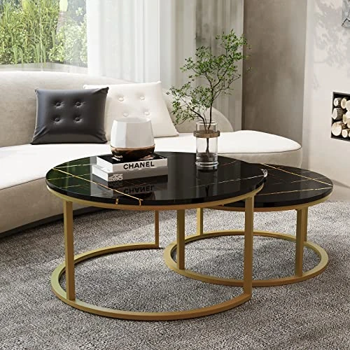 WiberWi Round Coffee Table Nesting Tables Set Of 2, Large : Γ 34.0", Small : Γ 26.0", Modern Design Coffee Tables For Living Room, Gold Metal Frame Circle Cocktail Table, High Glossy Faux Black Marble - Image 2