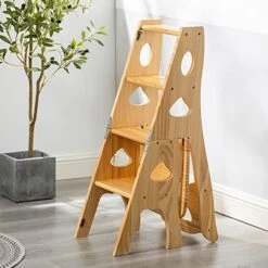 Footstool, Folding 4 Steps Stools Kitchen Wooden Ladders Small Foot Stools Wood Portable Ladders Stool Indoor Stepladder Shoe Bench/Flower Rack Stairs Chair