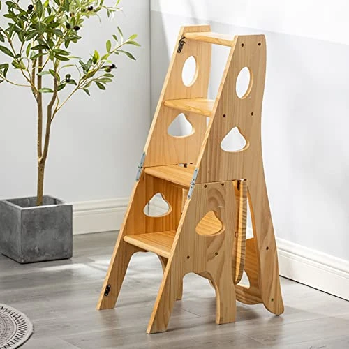 Footstool, Folding 4 Steps Stools Kitchen Wooden Ladders Small Foot Stools Wood Portable Ladders Stool Indoor Stepladder Shoe Bench/Flower Rack Stairs Chair