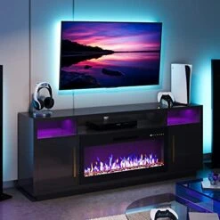 BELLEZE 69" Fireplace TV Stand For TVs Up To 75", LED Light Entertainment Center With 36" Electric Fireplace, Storage Cabinet, Media Console Table For Living Room - Avenue (Black)