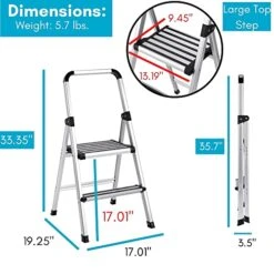 BirdRock Home 2-Step Aluminum Step Ladder - Sturdy Thin Folding Stool - 2 Anti-Slip Steps - Wide Platform - Great For Your Kitchen, Pantry, Closets, Or Home Office - Modern Stool - Indoor - Silver