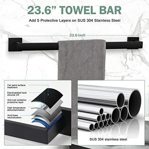 VELIMAX Premium Stainless Steel 4 Pieces Bathroom Hardware Accessories Set Wall Mounted Towel Bar Set, Matte Black, 23.6-Inch - Image 3