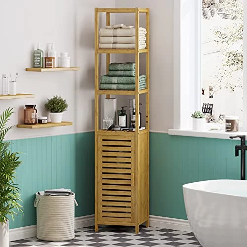 VIAGDO Bathroom Storage Cabinet, Tall Slim Cabinet With Shutter Door And 3 Tier Shelves, Freestanding Linen Tower Cabinet For Living Room, Kitchen, Bathroom Organizer, Natural Bamboo - Image 2
