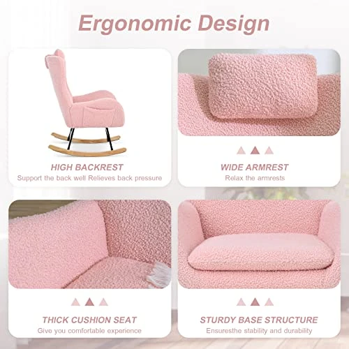 Kvutx Teddy Upholstered Nursery Rocking Chair - Comfy Pink Glider Rocker With Padded Seat, High Backrest, And Armrests For Living Room Bedroom Offices (Pink) - Image 6
