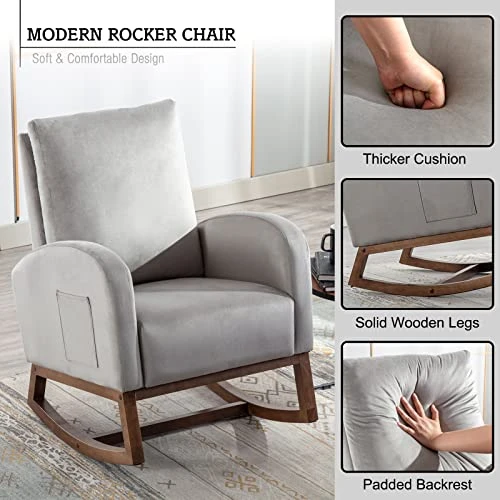 ONPNO Velvet Rocking Chair Nursery Glider Rocker Chair High Backrest Upholstered Accent Armchair With Side Pocket For Living Room Bedroom Office(Light Grey) - Image 2
