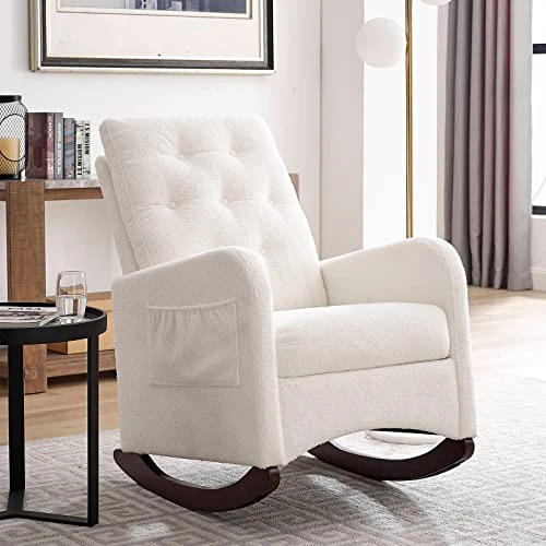 Obuvar Upholstered Rocking Chair For Nursery, Accent Glider Rocker With Two Pockets, Comfy Armchair With Tall Backrest And Double Layer Cushion, Baby Nursery Glider For Living Room, Bedroom (White)