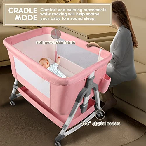 HARPPA Baby Bassinet Bedside Sleeper (Diaper Changing Station + Mosquito Net Included), Adjustable Bedside Crib With Storage, Converts To Cradle And Cosleeper, Portable, Easy Folding. Pink - Image 3