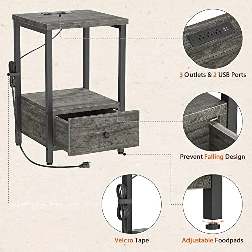 Ecoprsio Nightstands Set Of 2 With Charging Station, Modern Night Stand Bedside Table With Storage Drawer And Shelf, End Side Table With USB Ports & Power Outlets For Bedroom Living Room, Grey Oak - Image 4