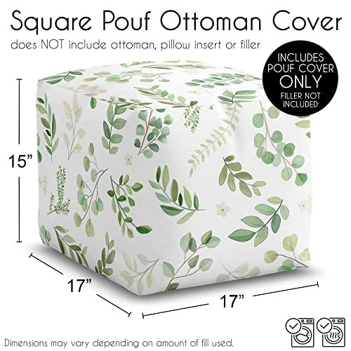 Sweet Jojo Designs Green Boho Floral Leaf Boy Girl Ottoman Pouf Cover Unstuffed Poof Floor Footstool Square Cube Pouffe Storage Baby Nursery Kids Room Sage White Bohemian Gender Neutral Watercolor - Image 3
