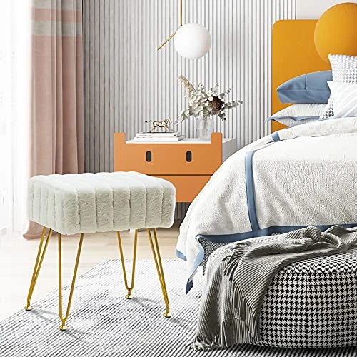 Modern Mink Square Footstool Ottoman Bench, White Faux Fur Vanity Stool With Gold Legs, Comfy Vanity Chair Entryway Bench, Makeup Stools For Vanity, Plush Fluffy Footrest For Bedroom, Living Room - Image 3
