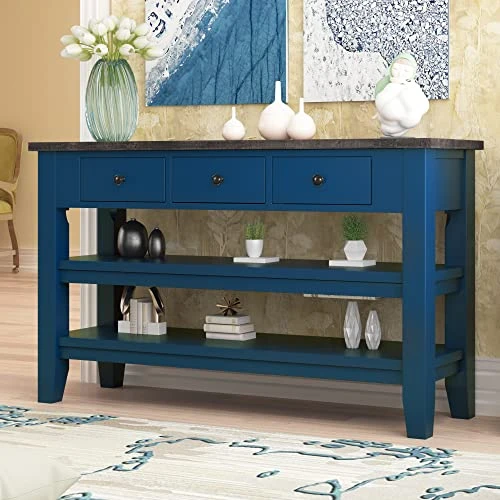 48'' Solid Wood Console Table, Modern Entryway Sofa Side Table With 3 Storage Drawers And 2 Shelves. Easy To Assemble (Blue) - Image 2