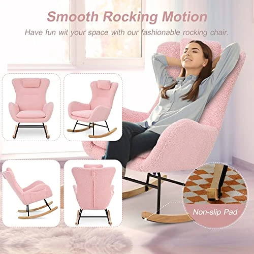 Kvutx Teddy Upholstered Nursery Rocking Chair - Comfy Pink Glider Rocker With Padded Seat, High Backrest, And Armrests For Living Room Bedroom Offices (Pink) - Image 4