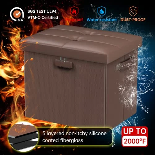 DocSafe Storage Ottoman With Lock,Fireproof Folding Ottoman Foot Rest Stool Storage Chest With Storage Safe For Important Documents,Waterproof 17 Inches Short Ottoman Foot Stool With Hanldes,Brown - Image 3