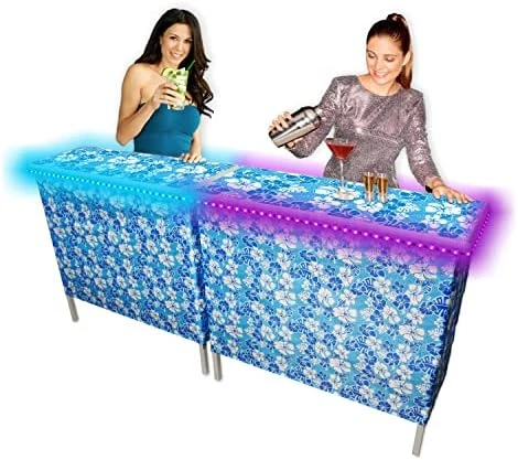 (USA Company) Patented Folding Portable Party Bar W/Multi-Color LED Lights, Black & Hawaiian Bar Skirts, And Storage Shelf - Image 10