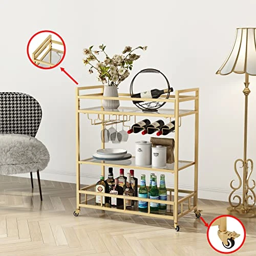 LORMITER Bar Cart Gold With Bottle Storage And Wine Glass, Rolling Serving Bar Cart On Wheels Indoor & Outdoor Bar Carts For Patio, Gold Kitchen Serving Cart For Party(3-Tier) - Image 6